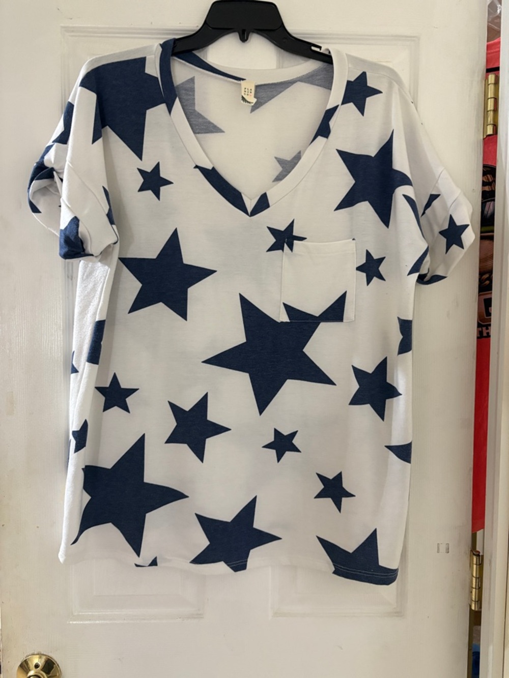 Women's Star Print V-Neck Short Sleeve Tee - White & Navy